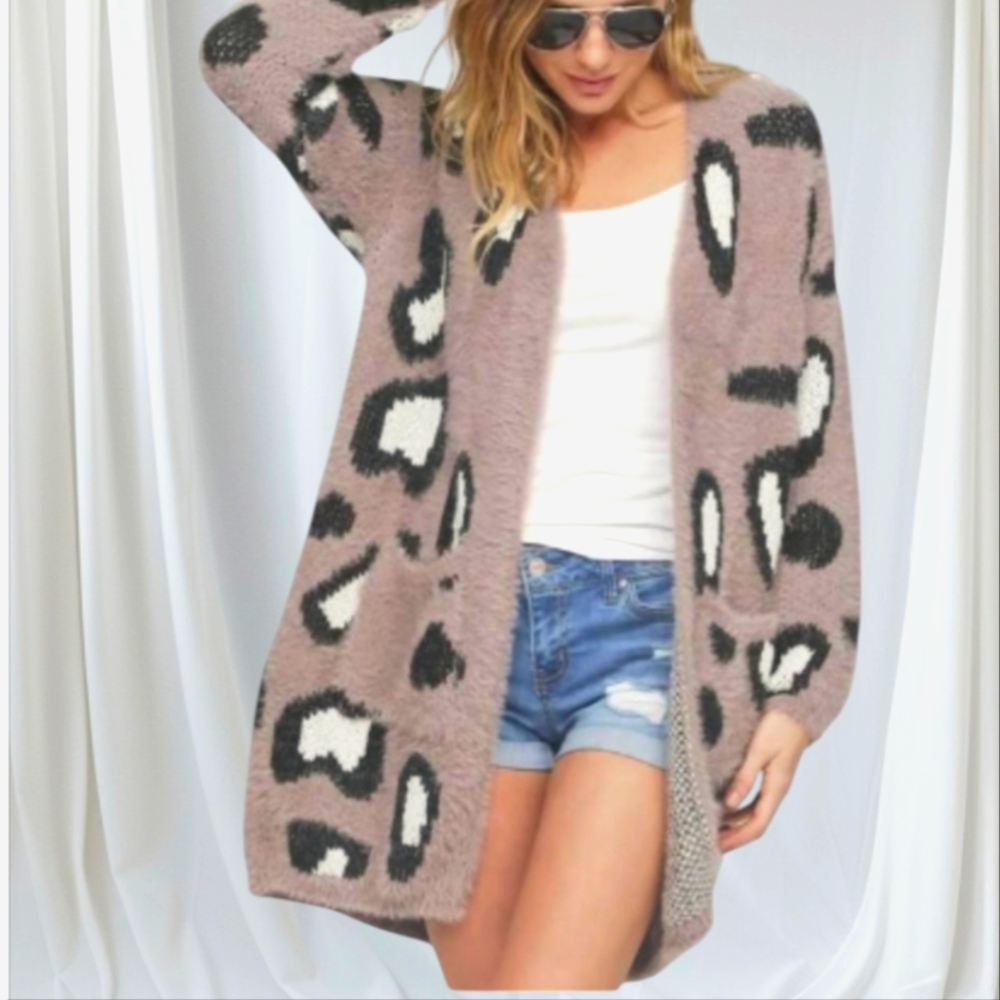 BIBI Fuzzy Leopard Print Open Front Cardigan ~ NWT